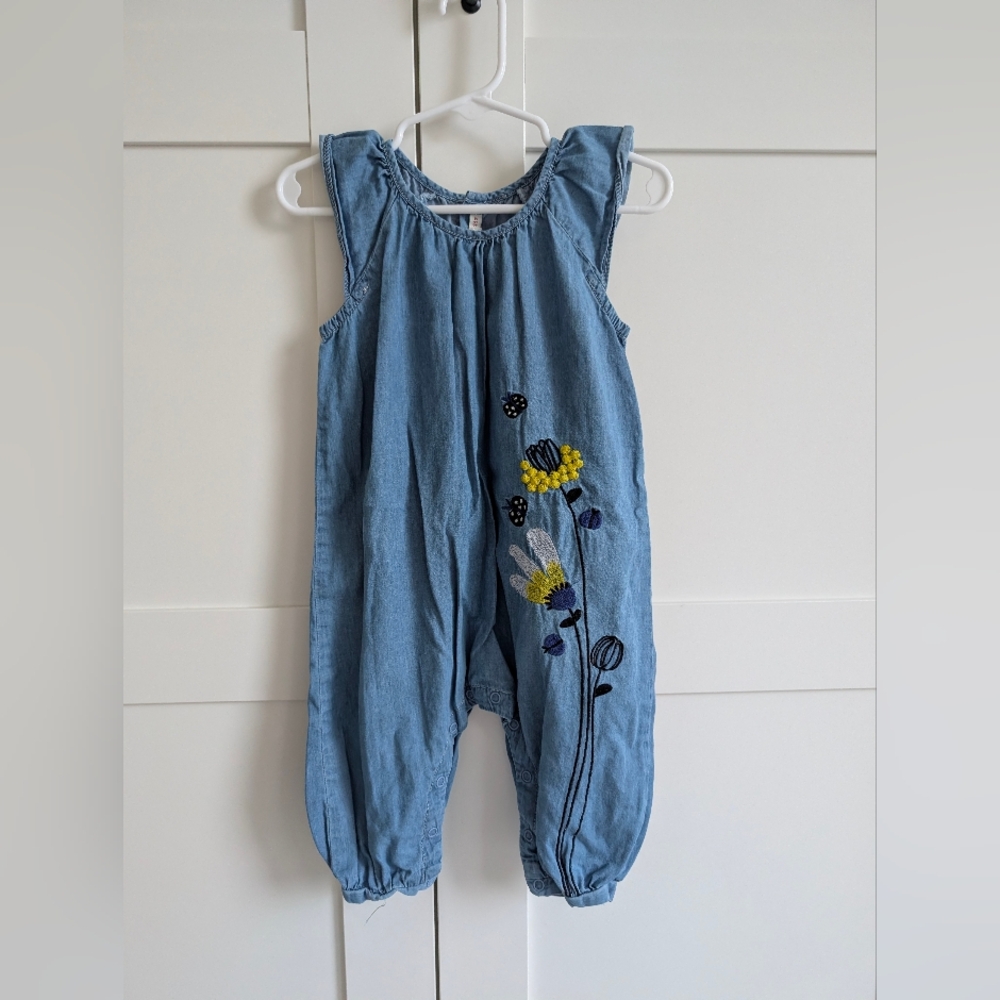 Catimini Light Blue Denim Floral Embroidery Romper 12 Months